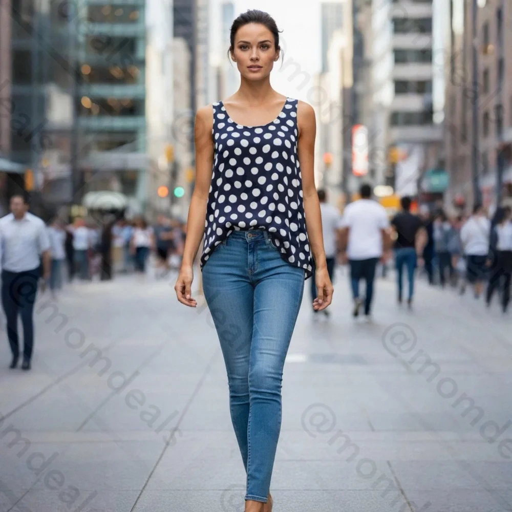Michael Kors Tank Top Navy Blue White Polka Dot Scoop Neck Sleeveless Tunic
